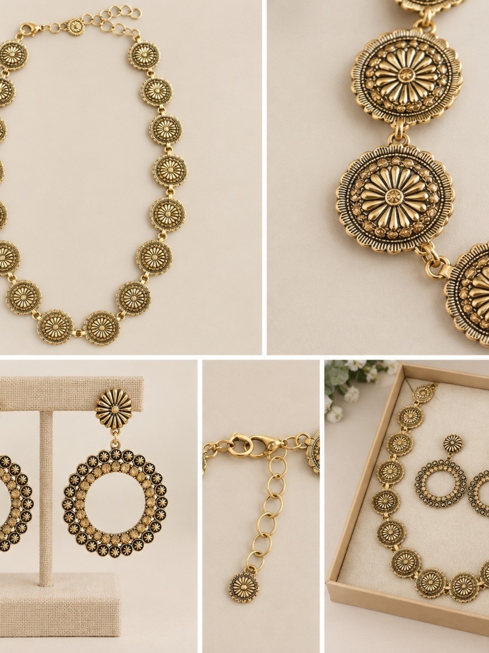 Gold Floral Medallion Necklace and Hoop Earrings Set